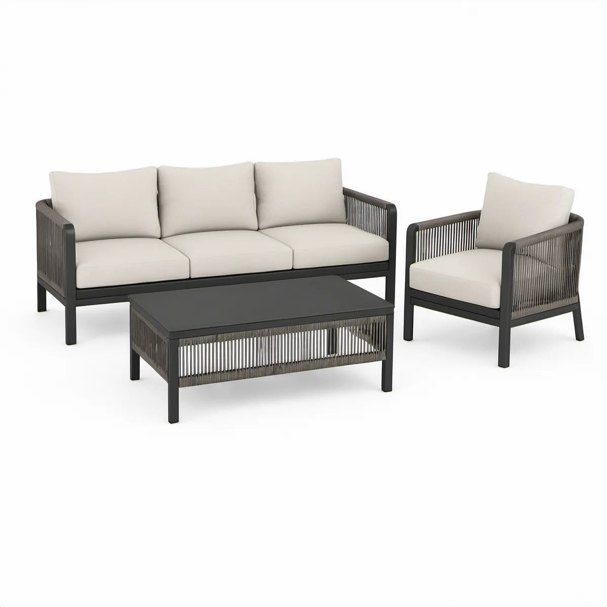 3-teiliges Gartenlounge-Set aus Aluminium in Anthrazit, Dunkelgrau und Creme mit 3-Sitzer, Sessel und Couchtisch