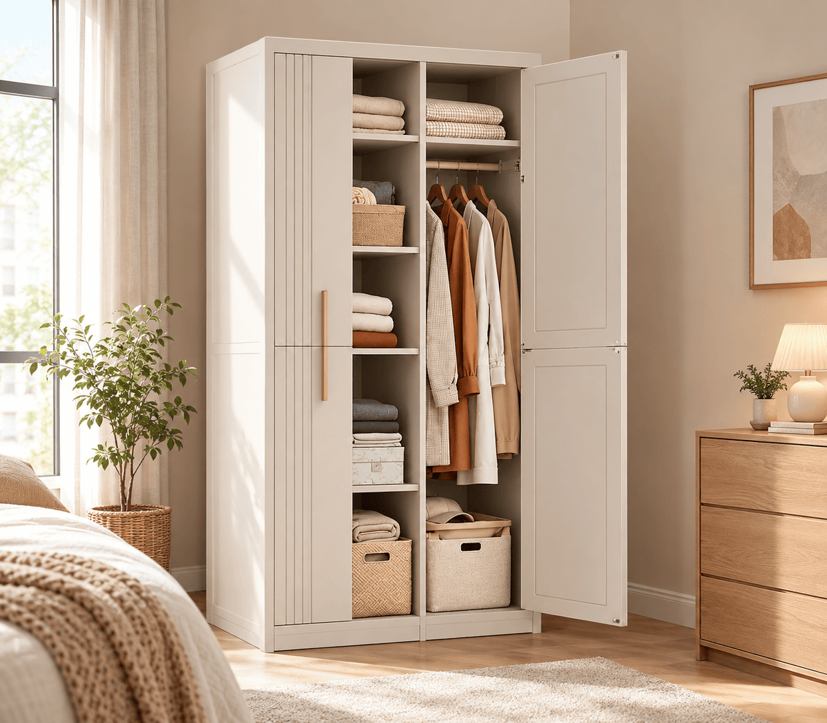 Geräumiger Kleiderschrank mit Türen, Beige