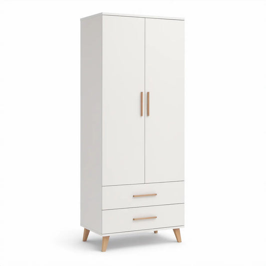 Kleiderschrank mit 2 Türen und 2 Schubladen, 80 x 52 x 180 cm, Weiss/Naturholz