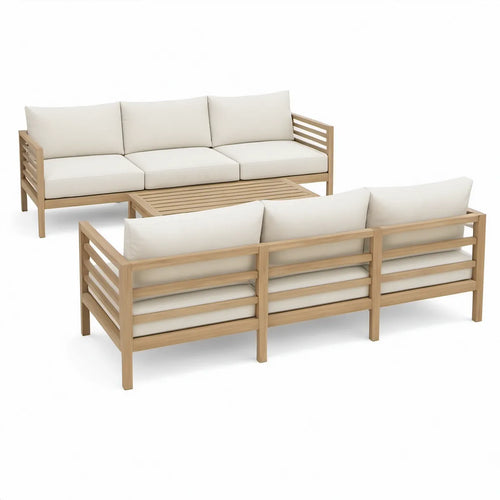 3-teiliges Gartenlounge-Set aus massivem Teakholz in Natur/Weiss mit 2 Dreisitzer-Sofas 230 x 80 x 78 cm und Couchtisch 120 x 70 x 35 cm