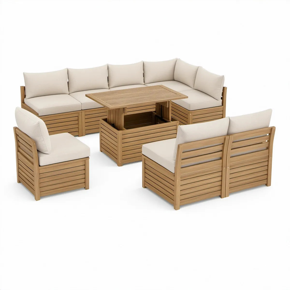 5-teilige Gartenlounge aus Akazien-Massivholz mit beigen Polyesterkissen, 210 x 140 cm