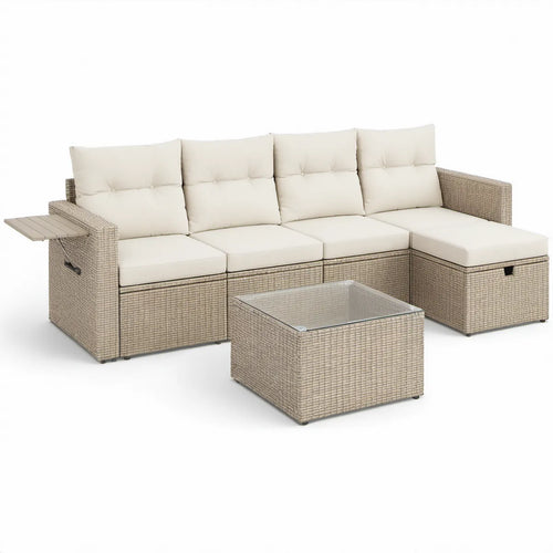 Gartenlounge-Set in L-Form für 4 Personen mit Couchtisch, Beige/Creme, 250 x 160 x 85 cm