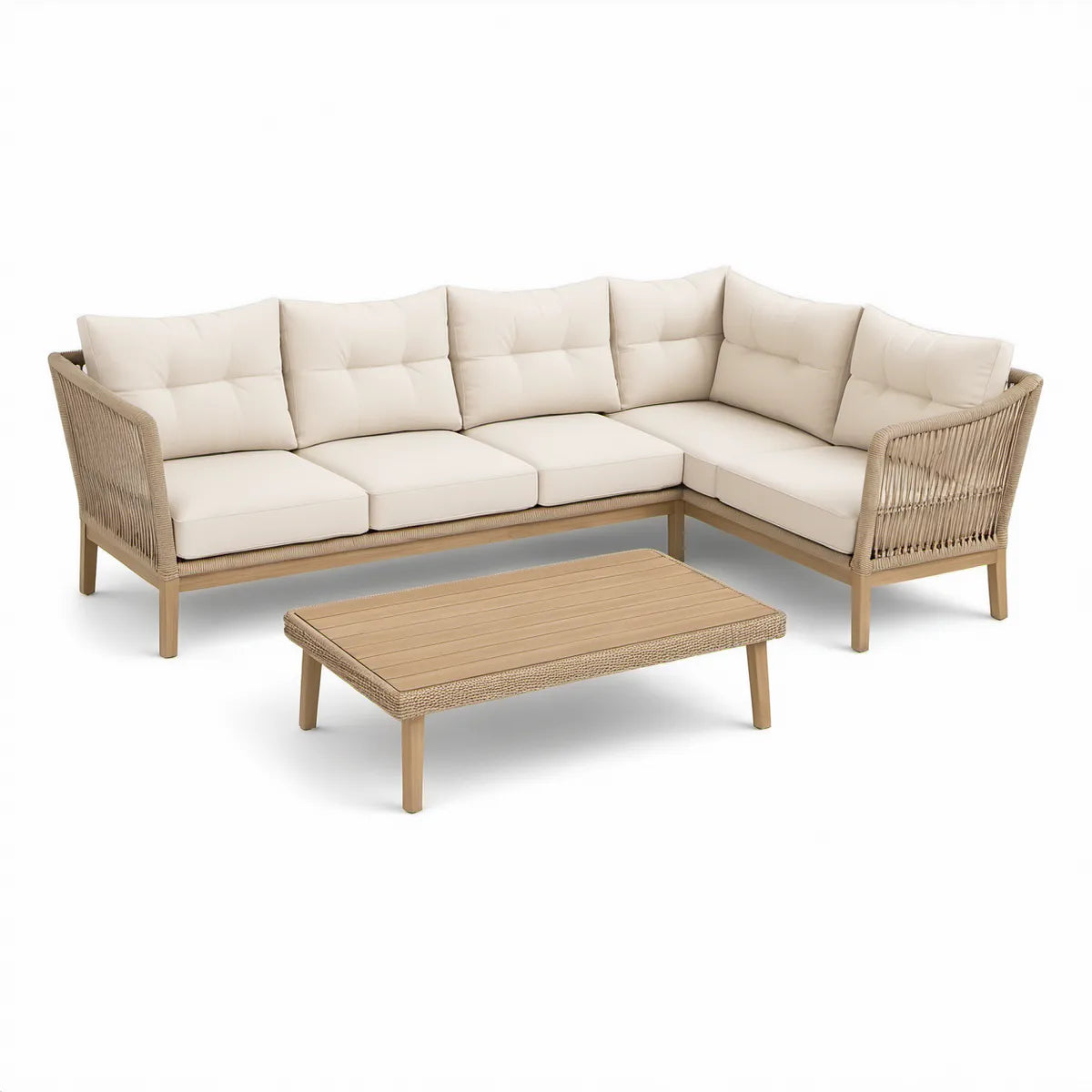 Garten-Ecklounge mit Couchtisch, 250 x 250 cm, Akazienholz, Beige/Natur/Cremeweiss
