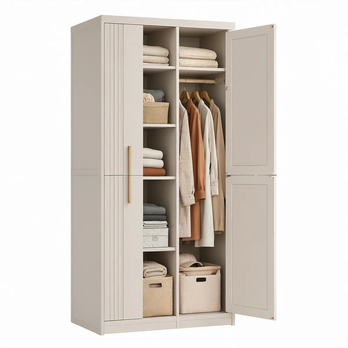 Beiger MDF-Kleiderschrank mit 2 Türen und goldfarbenen Griffen, 80 x 50 x 180 cm