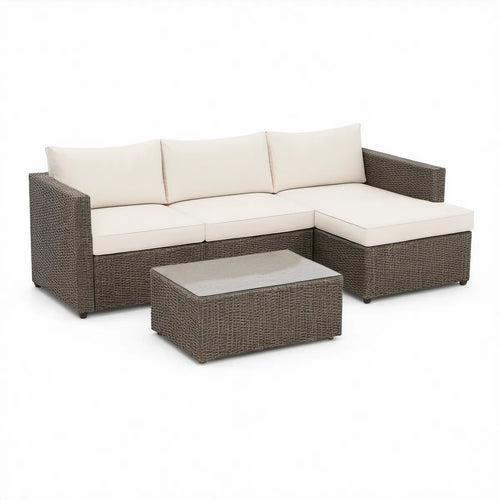 3-teiliges Gartenlounge-Set mit Ecksofa und Glastisch, Braun/Creme, 200 x 140 x 70 cm