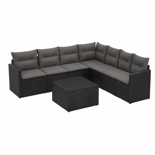 5-Sitzer Garten-Ecklounge in L-Form aus PE-Rattan, Schwarz/Anthrazit, 220 x 220 x 65 cm, mit Tisch 60 x 60 x 36 cm